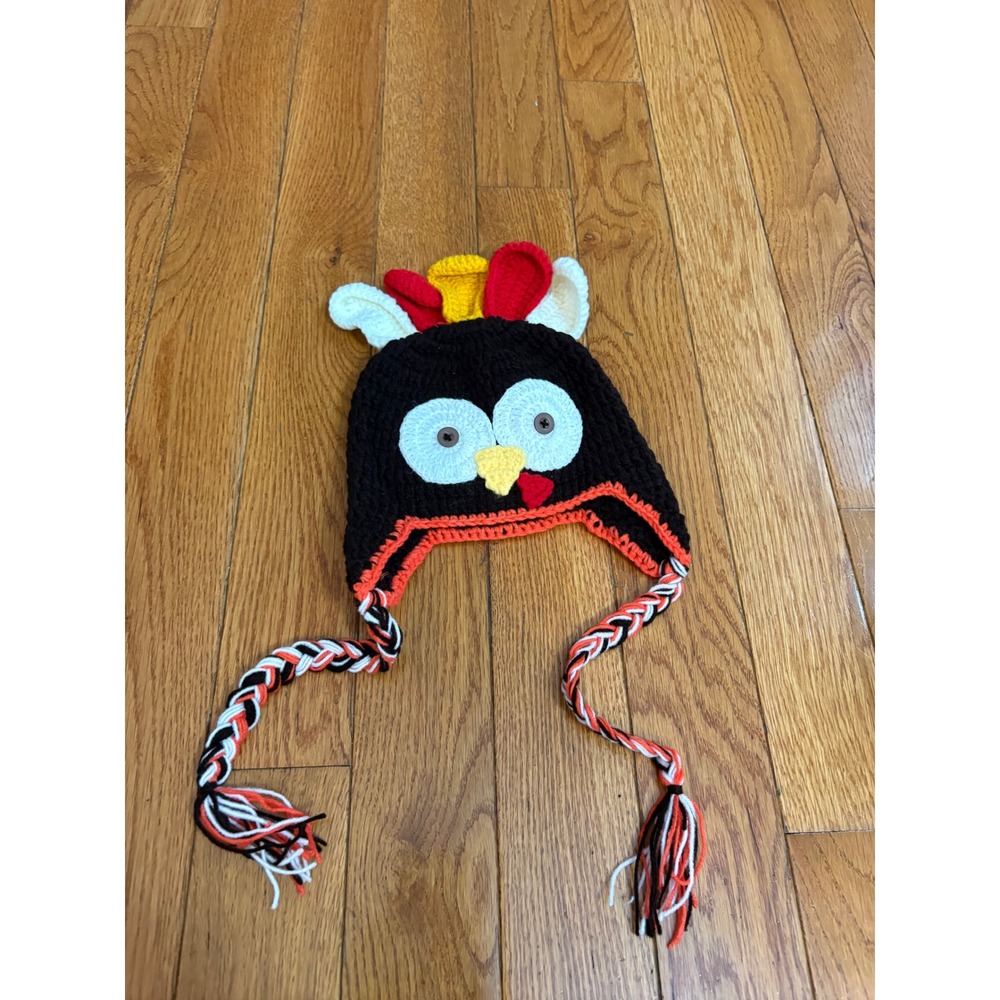Handmade Crochet Turkey Beanie Kids Thanksgiving Knit Earflap Hat Brown Novelty